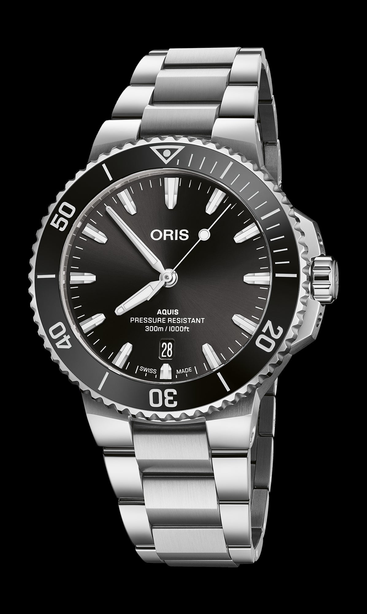 Aquis Date, 41.50 mm, Black, Stainless steel Strap, Stainless steel screw-in security crown, Multi-piece stainless steel case, ceramic minutes scale top ring