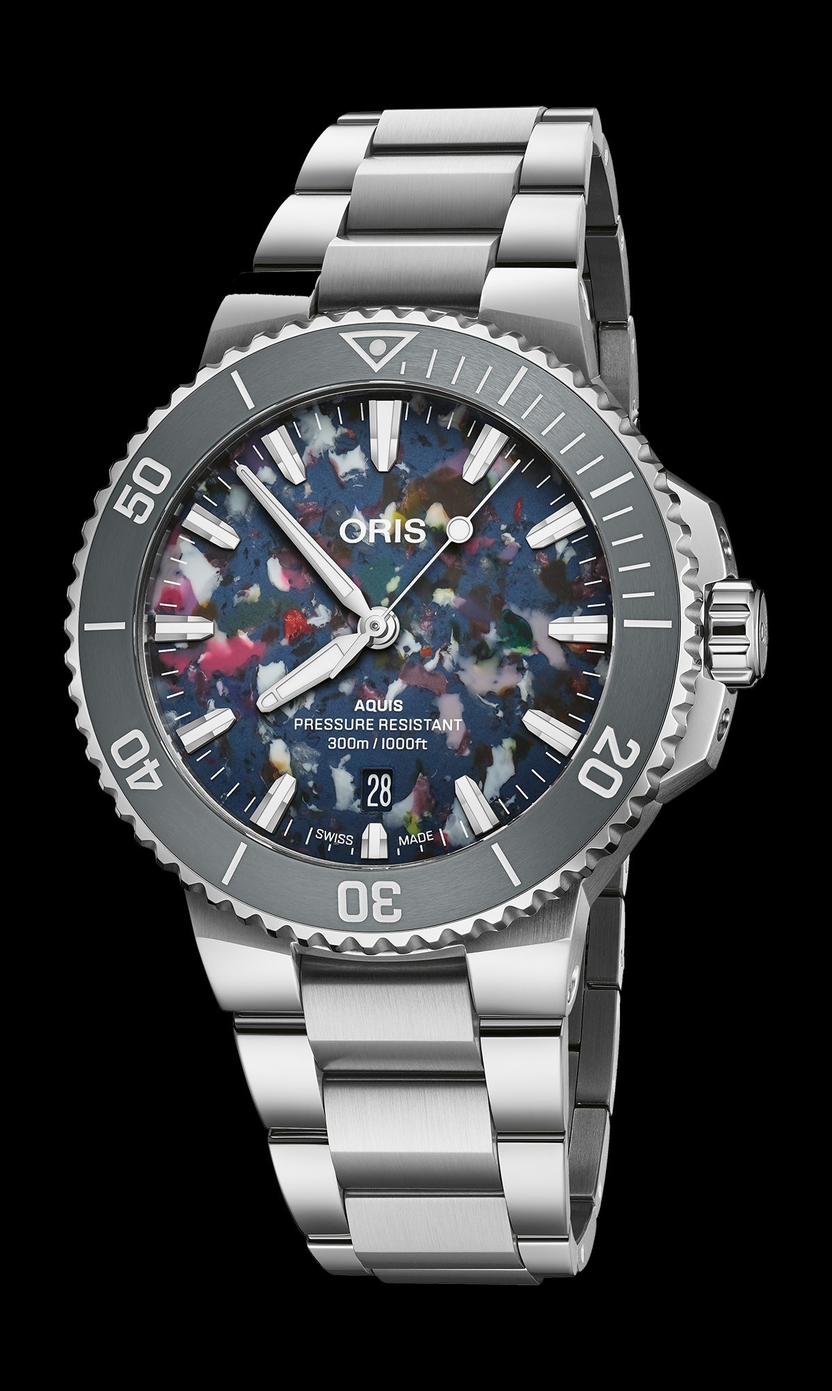 Aquis Date Upcycle, 41.50 mm, Multicoloured, Stainless steel Strap, Stainless steel screw-in security crown, Multi-piece stainless steel case, ceramic minutes scale top ring