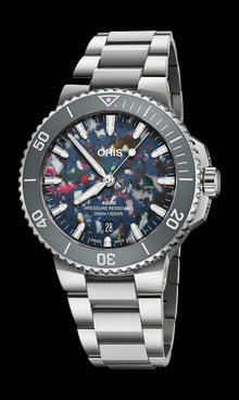 Aquis Date Upcycle, 41.50 mm, Multicoloured, Stainless steel Strap, Stainless steel screw-in security crown, Multi-piece stainless steel case, ceramic minutes scale top ring