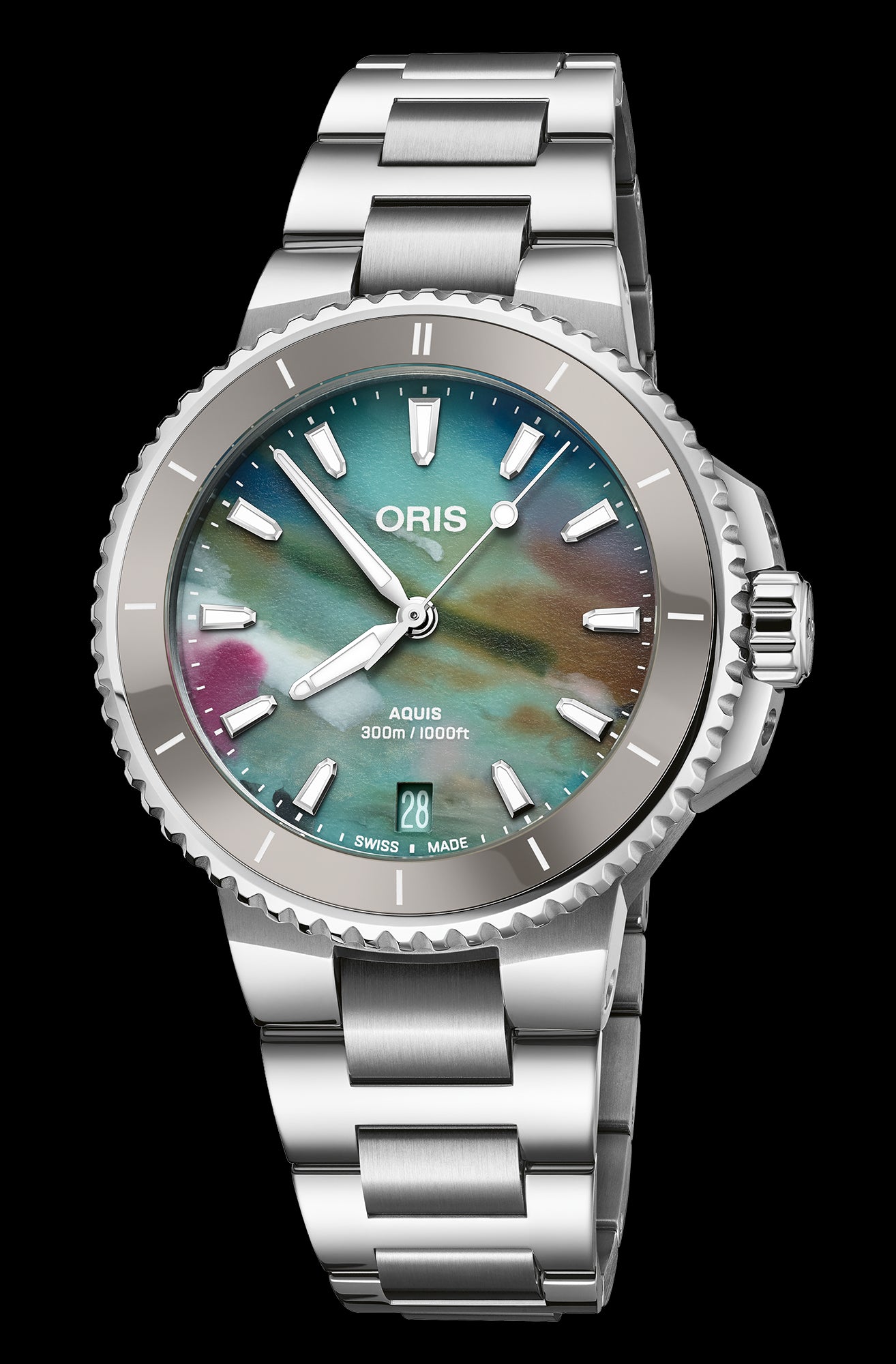 Aquis Date Upcycle, 36.50 mm, Multicoloured, Stainless steel Strap, Stainless steel screw-in security crown, Multi-piece stainless steel case, ceramic minutes scale top ring