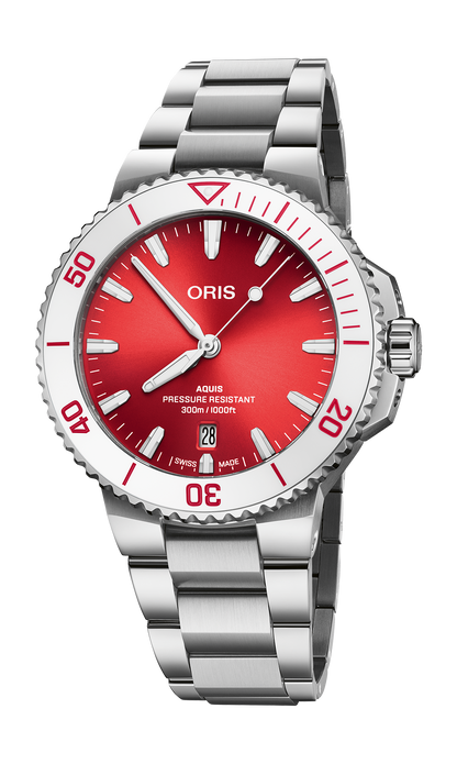 Aquis Date Taste of Summer, 41.50 mm, Red, Stainless steel Strap, Stainless steel screw-in security crown, Multi-piece stainless steel case, ceramic minutes scale top ring