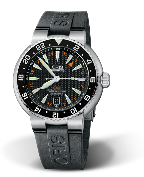 Divers GMT, Date, 44.00 mm, Black, Rubber Strap, Stainless steel screw-in security crown, Multi-piece stainless steel case, hours scale top ring