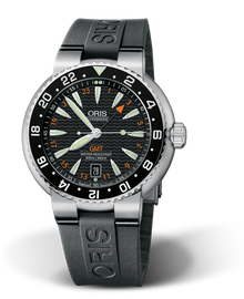 Divers GMT, Date, 44.00 mm, Black, Rubber Strap, Stainless steel screw-in security crown, Multi-piece stainless steel case, hours scale top ring