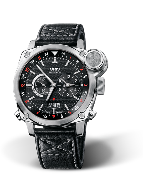 BC4 Flight Timer, 42.70 mm, Black, Leather Strap, Stainless steel Oris Quick Lock security crown, vertical crown and pushers, Multi-piece stainless steel case