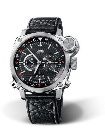 BC4 Flight Timer, 42.70 mm, Black, Leather Strap, Stainless steel Oris Quick Lock security crown, vertical crown and pushers, Multi-piece stainless steel case