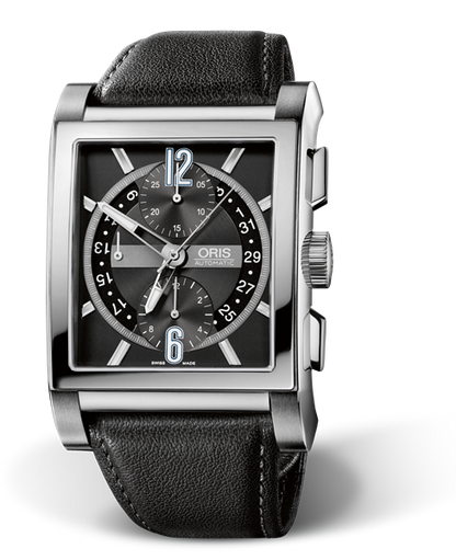 Rectangular Titan Chronograph, 38.00 x 43mm, Black, Leather Strap, Stainless steel crown and pushers, Multi-piece titanium case