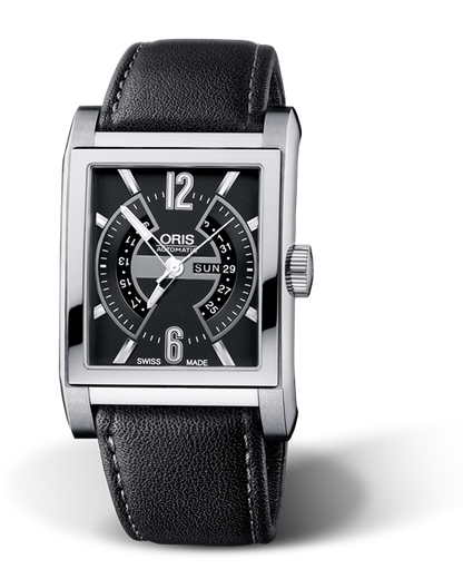 Rectangular Titan Day Date, 33.80 x 39mm, Black, Leather Strap, Stainless steel crown, Multi-piece titanium case