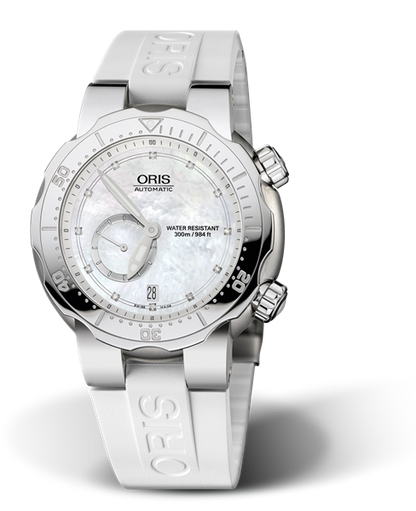 Divers Titan Small Second, Date, Diamonds, 44.00 mm, White, Rubber Strap, Stainless steel screw-in security crown and Helium valve, Multi-piece titanium case, minutes scale top ring