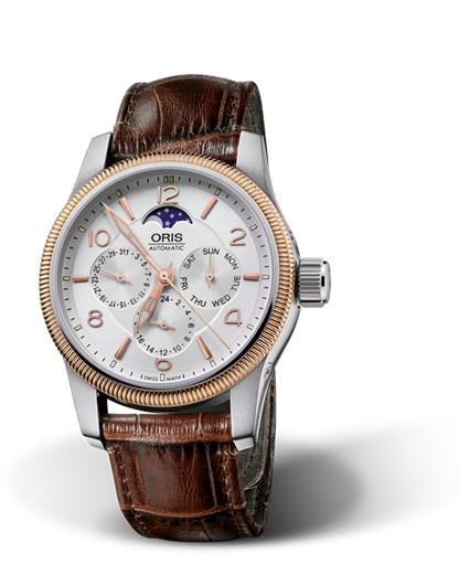 Big Crown Complication, 40mm, Grey, Leather Strap, Stainless steel screw-in security crown, Multi-piece stainless steel case, rose gold PVD plated top ring