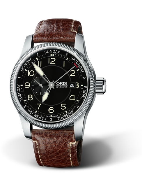 Big Crown Small Second, Pointer Day, 44mm, Black, Leather Strap, Stainless steel screw-in security crown, Multi-piece stainless steel case