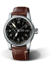 Big Crown Small Second, Pointer Day, 44mm, Black, Leather Strap, Stainless steel screw-in security crown, Multi-piece stainless steel case