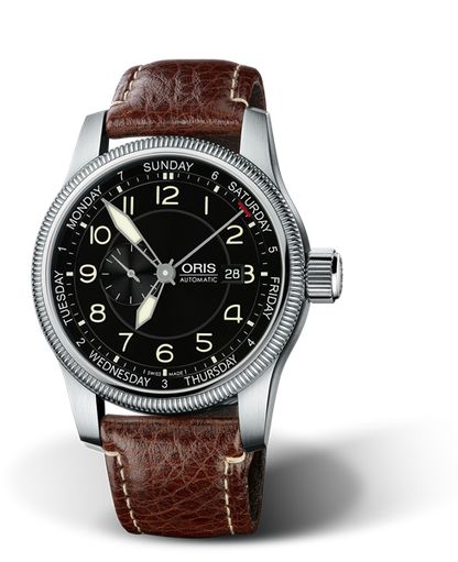 Big Crown Small Second, Pointer Day, 44mm, Black, Leather Strap, Stainless steel screw-in security crown, Multi-piece stainless steel case