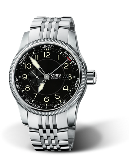 Big Crown Small Second, Pointer Day, 44mm, Black, Stainless steel Strap, Stainless steel screw-in security crown, Multi-piece stainless steel case