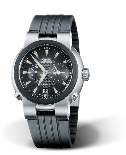 TT1 Worldtimer, 42mm, Black, Rubber Strap, Stainless steel screw-in security crown and pushers, Multi-piece stainless steel case, rubber top ring