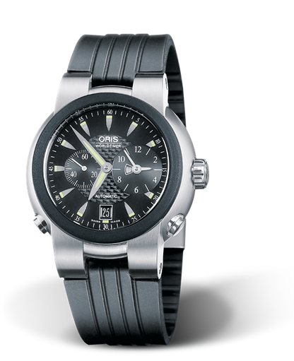 TT1 Worldtimer, 42mm, Black, Rubber Strap, Stainless steel screw-in security crown and pushers, Multi-piece stainless steel case, rubber top ring