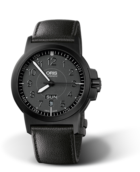 BC3 Advanced, Day Date, 42mm, Black, Leather Strap, Stainless steel screw-in security crown, black plated, Multi-piece stainless steel case, black DLC plated