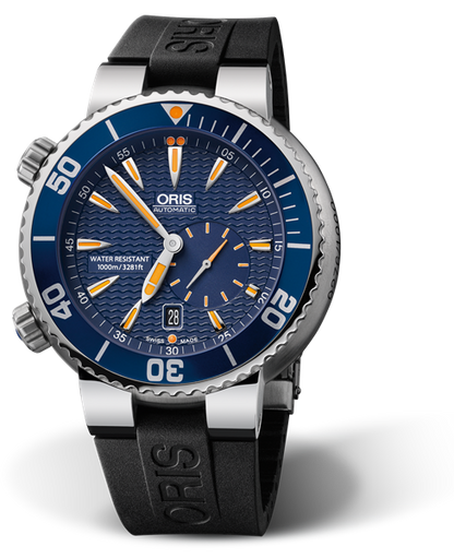 Great Barrier Reef" Limited Edition, 47mm, Blue, Rubber Strap, Stainless steel screw-in security crown and Helium valve, Multi-piece stainless steel case, minutes scale top ring