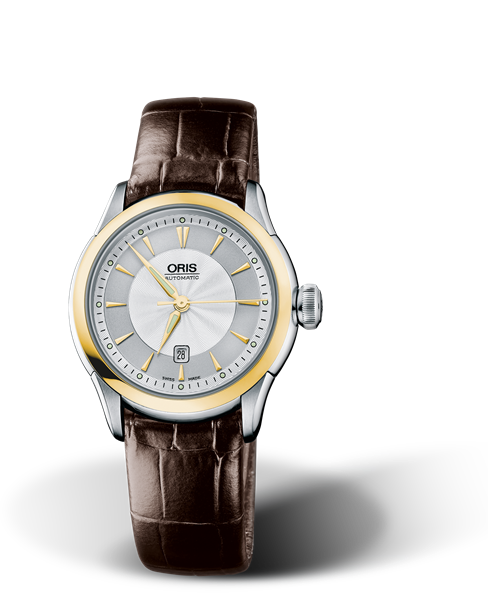 Artelier Date, 31mm, Grey, Leather Strap, Stainless steel crown, Multi-piece stainless steel case, yellow gold PVD plated top ring