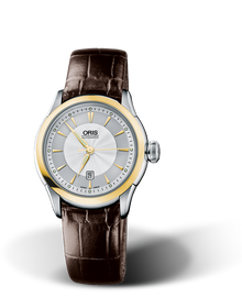 Artelier Date, 31mm, Grey, Leather Strap, Stainless steel crown, Multi-piece stainless steel case, yellow gold PVD plated top ring