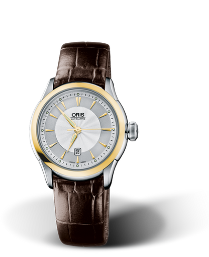 Artelier Date, 31mm, Grey, Leather Strap, Stainless steel crown, Multi-piece stainless steel case, yellow gold PVD plated top ring