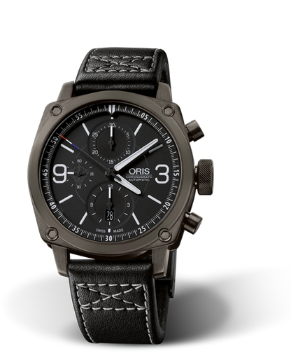 4e RHFS Limited Edition, 42.70 mm, Black, Leather Strap, Stainless steel Oris Quick Lock security crown and pushers, grey PVD plated, Multi-piece stainless steel case, grey PVD plated
