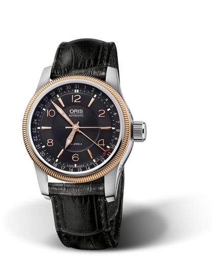 Big Crown Pointer Date, 40mm, Black, Leather Strap, Stainless steel screw-in security crown, Multi-piece stainless steel case, rose gold PVD plated top ring