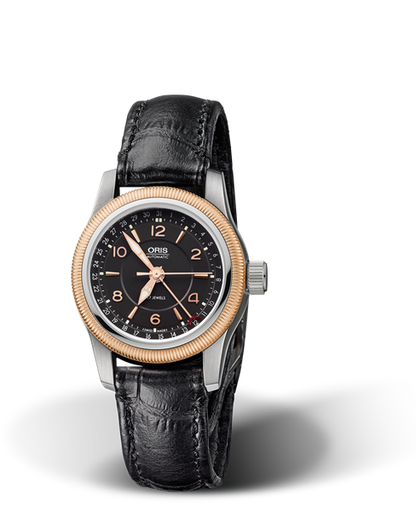 Big Crown Pointer Date, 30mm, Black, Leather Strap, Stainless steel screw-in security crown, Multi-piece stainless steel case, rose gold PVD plated top ring
