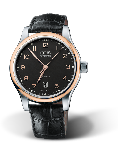 Classic Date, 42mm, Black, Leather Strap, Stainless steel crown, Multi-piece stainless steel case, rose gold PVD plated top ring