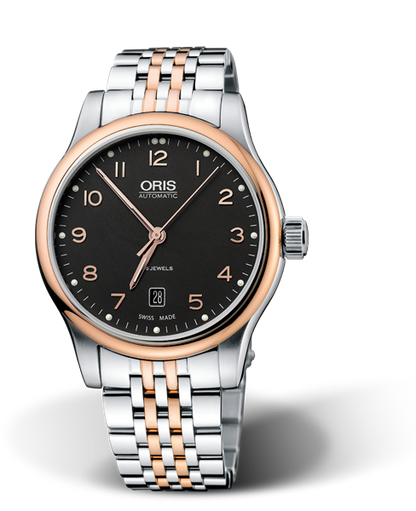 Classic Date, 42mm, Black, Stainless steel Strap, Stainless steel crown, Multi-piece stainless steel case, rose gold PVD plated top ring