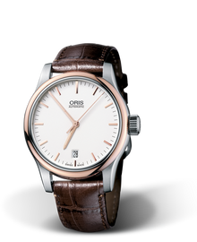 Classic Date, 37mm, Grey, Leather Strap, Stainless steel crown, Multi-piece stainless steel case, rose gold PVD plated top ring