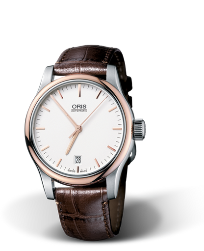 Classic Date, 37mm, Grey, Leather Strap, Stainless steel crown, Multi-piece stainless steel case, rose gold PVD plated top ring