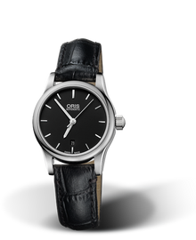 Classic Date, 28.50mm, Black, Leather Strap, Stainless steel crown, Multi-piece stainless steel case