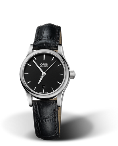 Classic Date, 28.50mm, Black, Leather Strap, Stainless steel crown, Multi-piece stainless steel case