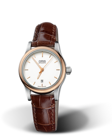 Classic Date, 28.50mm, Grey, Leather Strap, Stainless steel crown, Multi-piece stainless steel case, rose gold PVD plated top ring