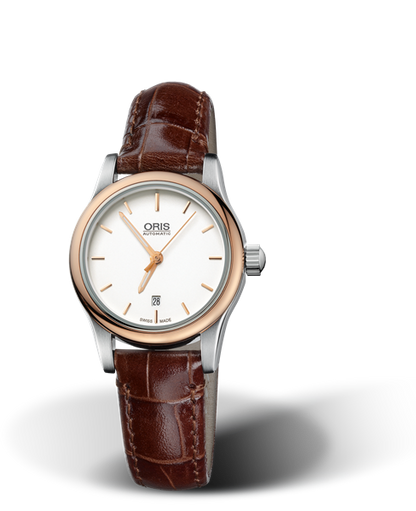 Classic Date, 28.50mm, Grey, Leather Strap, Stainless steel crown, Multi-piece stainless steel case, rose gold PVD plated top ring