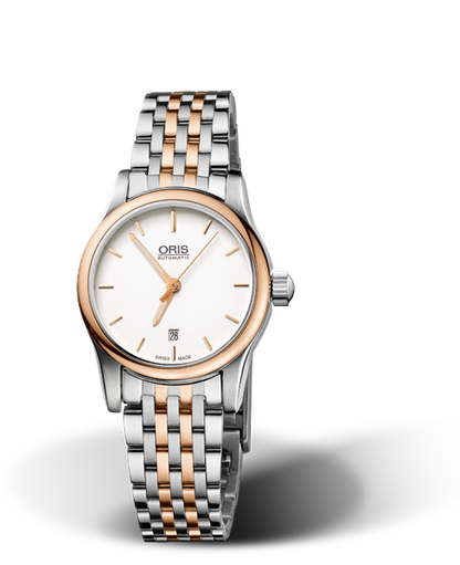 Classic Date, 28.50mm, Grey, Stainless steel Strap, Stainless steel crown, Multi-piece stainless steel case, rose gold PVD plated top ring