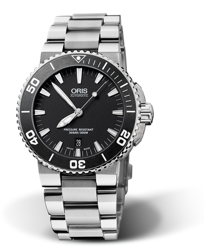 Aquis Date, 43.00 mm, Black, Stainless steel Strap, Stainless steel screw-in security crown, Multi-piece stainless steel case, ceramic minutes scale top ring