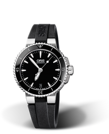 Aquis Date, 36.00 mm, Black, Rubber Strap, Stainless steel screw-in security crown, Multi-piece stainless steel case, ceramic minutes scale top ring