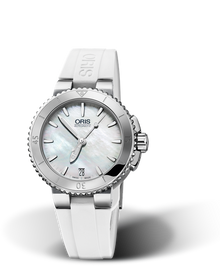 Aquis Date, 36.00 mm, White, Rubber Strap, Stainless steel screw-in security crown, Multi-piece stainless steel case, minutes scale top ring