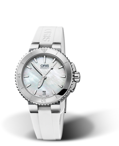 Aquis Date, 36.00 mm, White, Rubber Strap, Stainless steel screw-in security crown, Multi-piece stainless steel case, minutes scale top ring