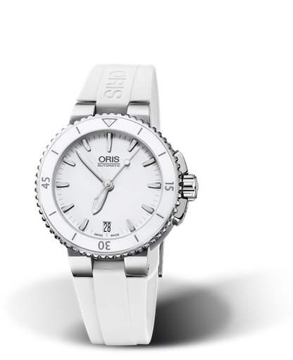 Aquis Date, 36.00 mm, White, Rubber Strap, Stainless steel screw-in security crown, Multi-piece stainless steel case, ceramic minutes scale top ring