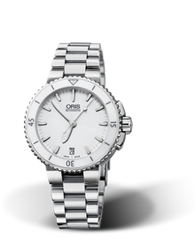 Aquis Date, 36.00 mm, White, Stainless steel Strap, Stainless steel screw-in security crown, Multi-piece stainless steel case, ceramic minutes scale top ring
