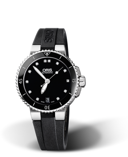 Aquis Date Diamonds, 36.00 mm, Black, Rubber Strap, Stainless steel screw-in security crown, Multi-piece stainless steel case, ceramic minutes scale top ring
