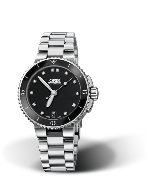Aquis Date Diamonds, 36.00 mm, Black, Stainless steel Strap, Stainless steel screw-in security crown, Multi-piece stainless steel case, ceramic minutes scale top ring