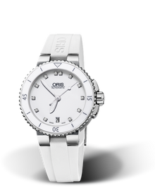 Aquis Date Diamonds, 36.00 mm, White, Rubber Strap, Stainless steel screw-in security crown, Multi-piece stainless steel case, ceramic minutes scale top ring