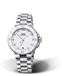 Aquis Date Diamonds, 36.00 mm, White, Stainless steel Strap, Stainless steel screw-in security crown, Multi-piece stainless steel case, ceramic minutes scale top ring