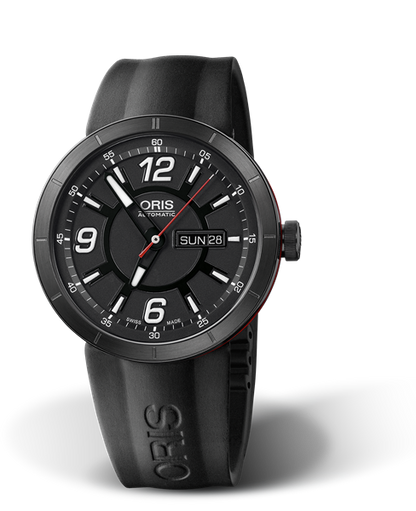 TT1 Day Date, 43mm, Black, Rubber Strap, Stainless steel crown, black PVD plated, Multi-piece stainless steel case, black DLC plated, ceramic top ring