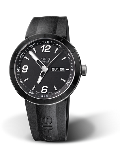 TT1 Day Date, 43mm, Black, Rubber Strap, Stainless steel crown, Multi-piece stainless steel case, ceramic top ring