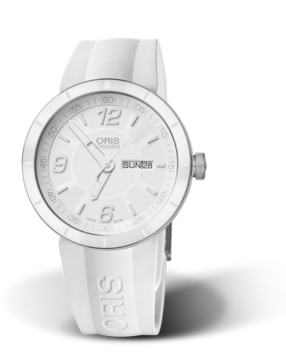 TT1 Day Date, 43mm, White, Rubber Strap, Stainless steel crown, Multi-piece stainless steel case, ceramic top ring