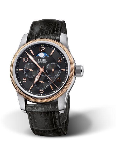 Big Crown Complication, 40mm, Black, Leather Strap, Stainless steel screw-in security crown, Multi-piece stainless steel case, rose gold PVD plated top ring